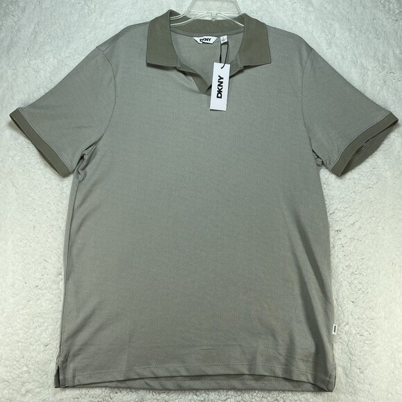 DKNY Polo Shirt Mens Size Large Tan Short Sleeve Herringbone Cotton Shirt NWT - Picture 1 of 8